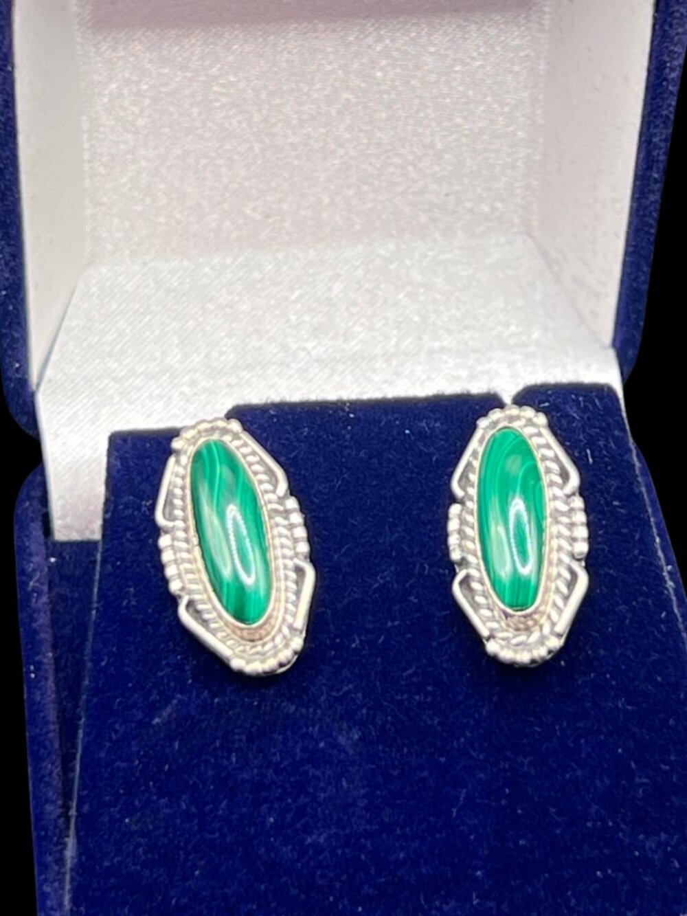 Vintage Native American Sterling Silver and Green Malachite Post Earrings - Picture 7 of 9
